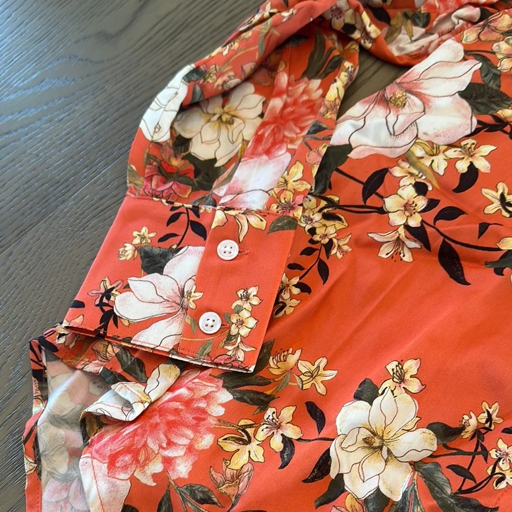 Chico's Floral Button Down Shirt in Orange and White - Picture 3 of 4